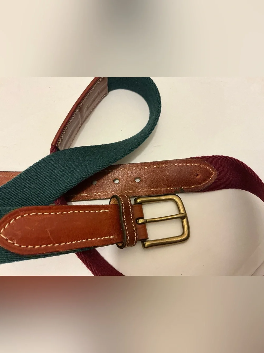 Tommy Hilfiger Green and Burgundy Canvas Belt with Brown Leather Trim sz 38